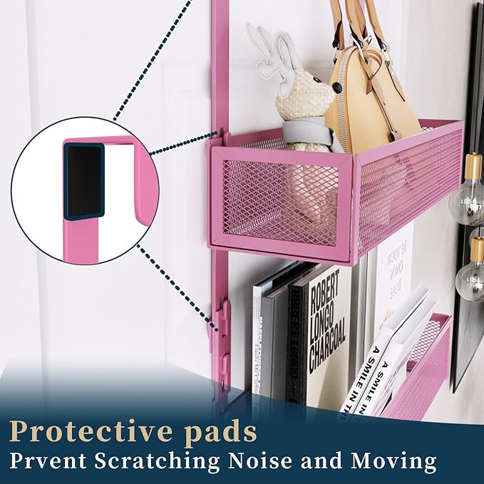 Consumest Over The Door Hooks Organizer - Extra Long Door Hanger with 9 Coat Hooks & 2 Mesh Basket, Back Storage Organizer Hanging Towels for Bathroom, Bedroom - Pink (for 1.76 in Doors)