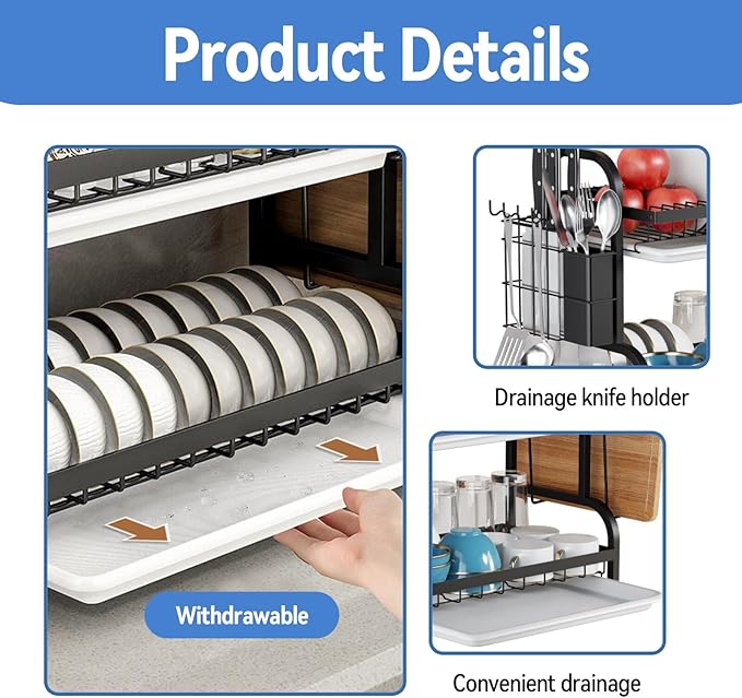 KUK Dish Drying Rack 3 Tier Iron Utensil Holder Over The Sink Dish Rack Drain Drainer Dish Organizer for Countertop Drying Rack Home Kitchen