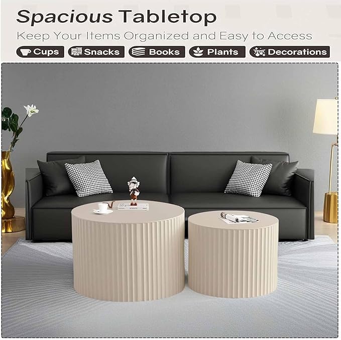 Modern Round Nesting Coffee Table Set of 2, Vertical Stripe Design Drum Coffee Table Cocktail Table, Round Side Table for Living Room, Bedroom, Office, Balcony (E19.7+27.6")