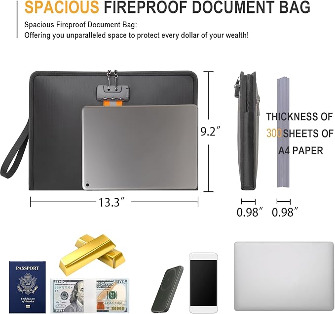 Fireproof Document Bag with Lock,13"×9.2" Fireproof Money Bag,with Zipper and Lock,Suitable for Tablets, A4 Documents, Cash, Mobile Phones, Credit Cards and Notarized Documents.