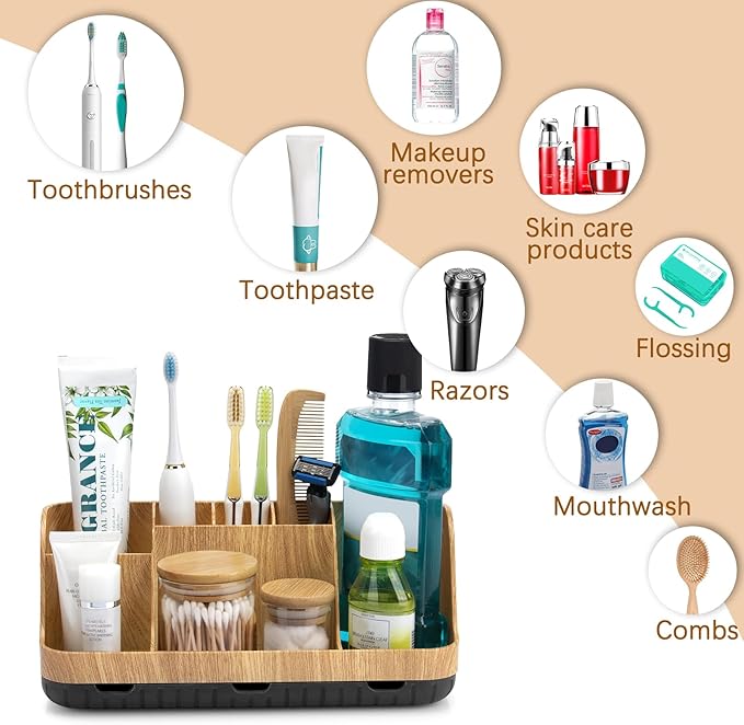 Bathroom Organizers and Storage - Detachable 7 Slots Kids Electric Toothbrush and Toothpaste Holde Drainage for Bathroom Accessories Organization Counter Vanity Storage, Wood-NeatNest