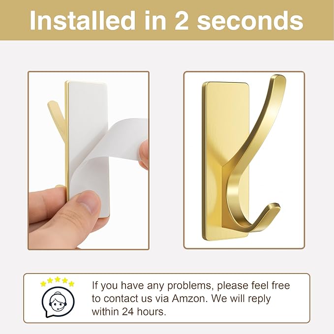 10 Pack Self Adhesive Coat Hooks for Hanging, Heavy Duty Stainless Double Wall Hook for Towel, Backpack, Hat, Sturdy Metal Hanger for Bathroom, Bedroom, Door, Wall Mounted, Brushed Gold