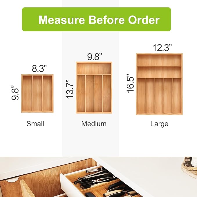 Bamboo Utensil Drawer Organizer, Silverware Tray Organizer, Kitchen Drawer Organizer for Flatware Cutlery, Silverware Tray for Drawer (brown, Large 16.5x12.3 Inch)-NeatNest