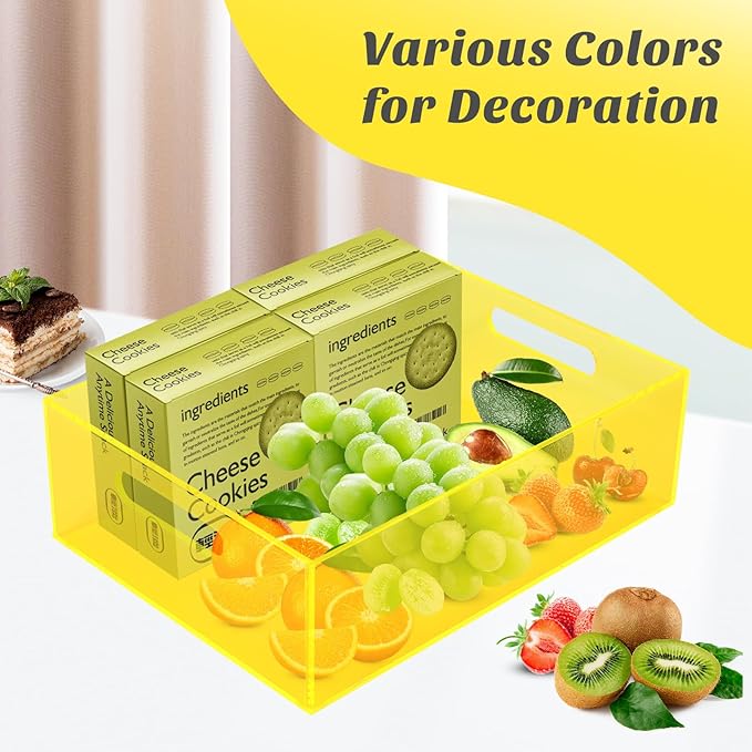 Acrylic Storage Bin Pantry Storage Container with Handles Kitchen Organizer Bin for Cabinet Cupboard Organization, Heavy Duty, 12.6 x 9.4 x 4'', Neon Yellow