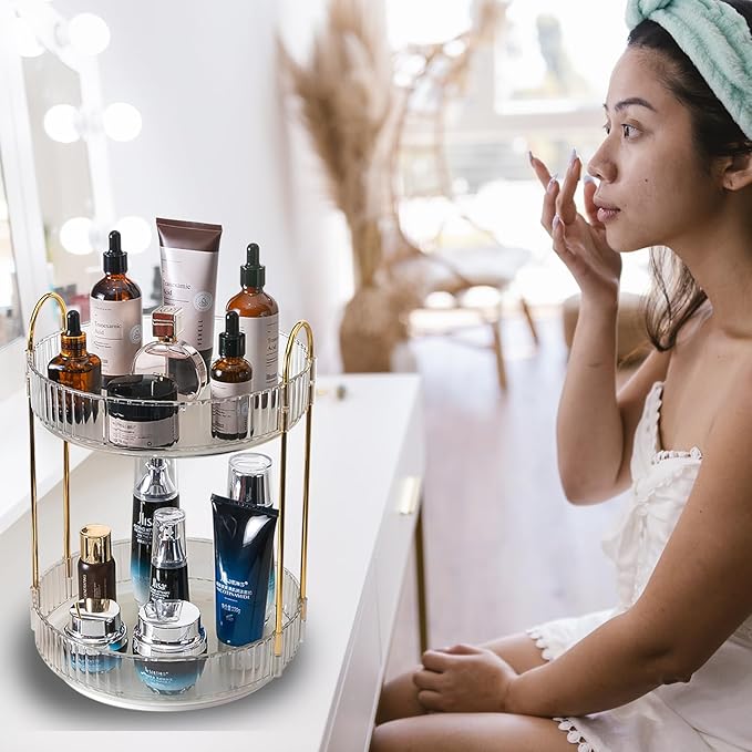 Rotating Makeup Organizer Countertop 2 Tier Lazy Susan Trays Clear Skincare Perfume Storage for Bathroom Counter Vanity, Transparent-NeatNest