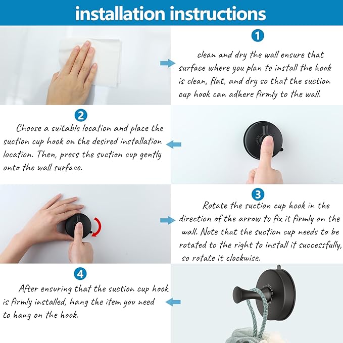 DGYB Suction Cup Hooks Set of 4 Suction Bathroom Hook for Wall Black Shower Hooks for Inside Shower 304 Stainless Steel Towel Hook for Glass Door Hanging Robe, Loofah, Coats-NeatNest