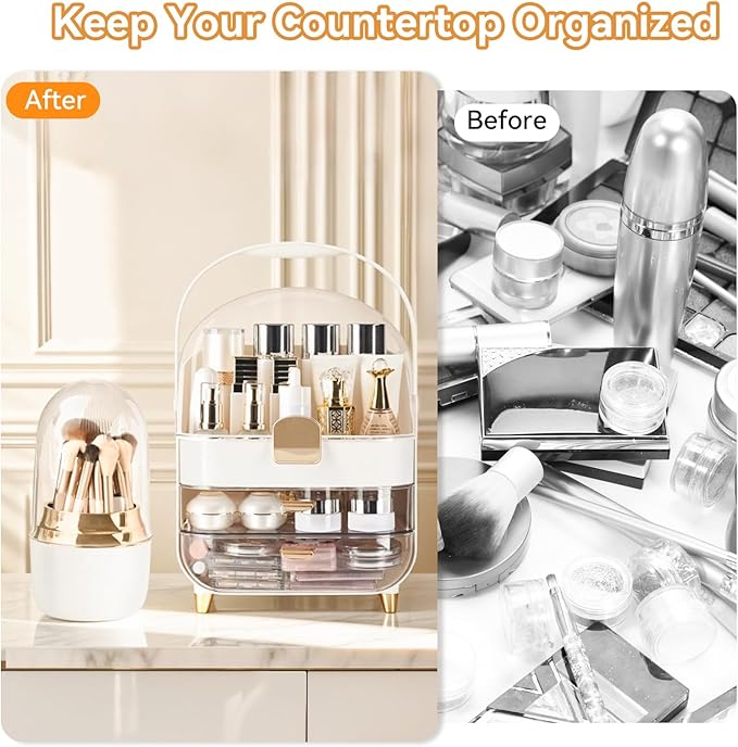 Brothersbox Makeup Organizer Countertop, Skincare Organizers with Clear Lid & 2 Drawers and Brush Holder, Make up Organizers for Vanity, Cosmetic Organizer for Bathroom Counter Dresser (White)