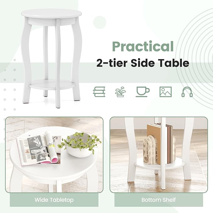 Giantex Round End Table Set of 2, Wooden Side Table with Storage Shelf, Small Nightstand with Solid Wood Legs, 2-Tier Accent Table for Living Room Bedroom