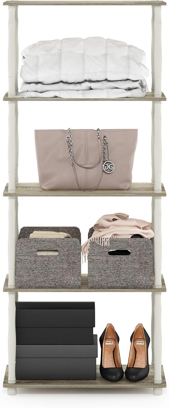 Furinno Turn-N-Tube 5-Tier Multipurpose Shelf / Display Rack / Storage Shelf / Bookshelf, Classic Tubes, Sonoma Oak/White-NeatNest