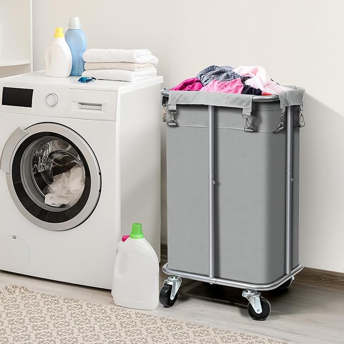 Laundry Basket with Wheels, Rolling Laundry Hamper with Removable Bag, 100L Laundry Sorter Cart, Tall Narrow Slim Clothes Hamper Organizer with Sturdy Metal Frame, Grey