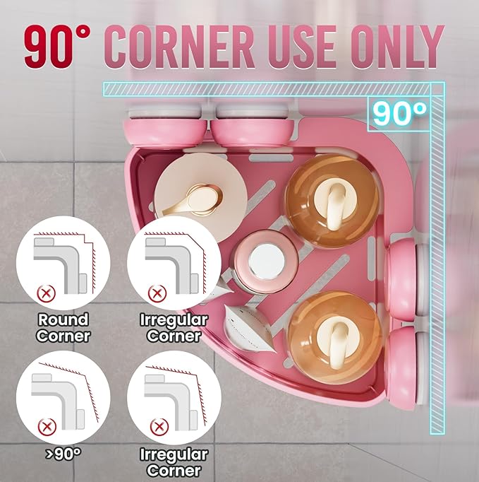 TAILI Suction Corner Shower Caddy, Bathroom Shelf Storage Basket Wall Mounted Organizer for Shampoo, Conditioner, Plastic Rack for Kitchen and Bathroom, Drill-Free Removable (2 Pack)-PINK