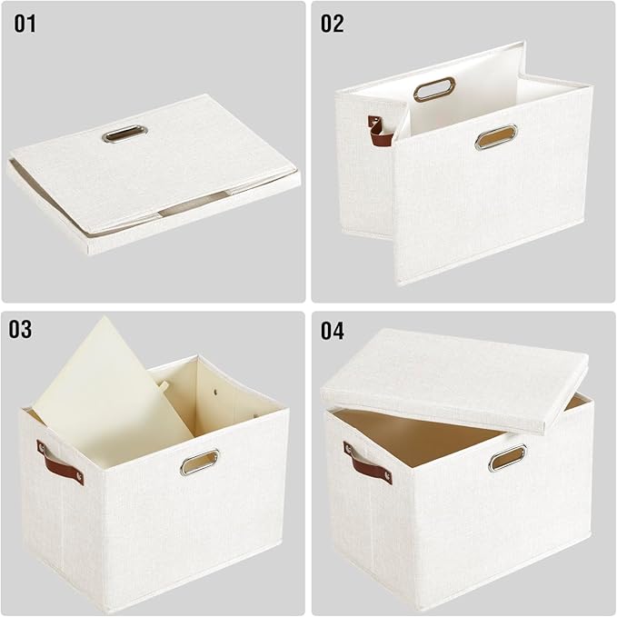 17" Large Collapsible Storage Bins with Lids, Stackable Closet Organizers with PU Handle and Labels, 3-Pack Decorative Fabric Storage Boxes for Home, Bedroom, Closet, Office, Nursery(White)-NeatNest