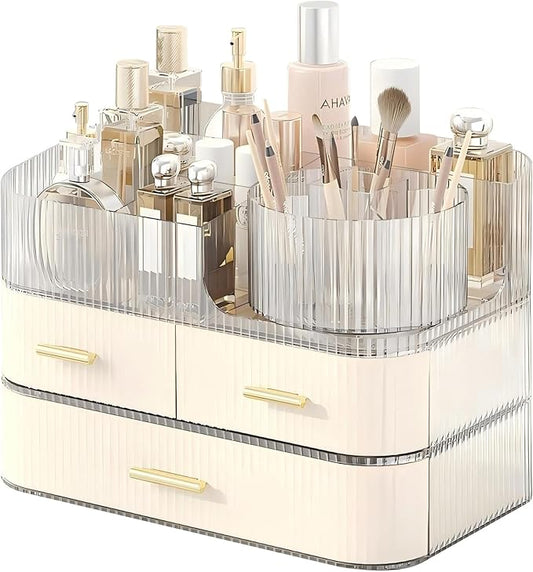 DASITON Makeup Organizer with Drawers and Rotating Makeup Brush Holder,Large Capacity Stackable Cosmetic Organizer Countertop,Bathroom Organizers and Storage,Make up Organizers for Vanity (Cream 03)-NeatNest