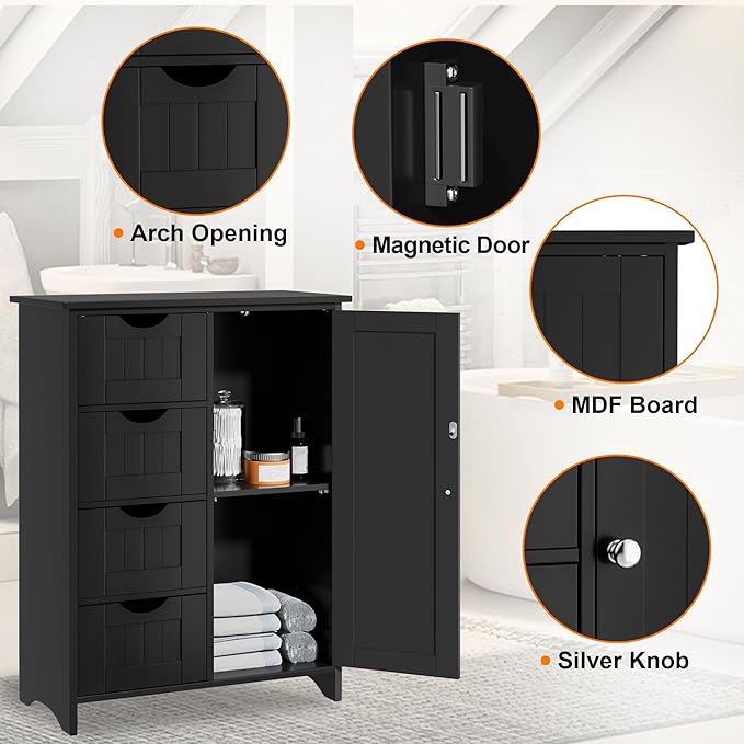JUMMICO Bathroom Storage Cabinet, Floor Cabinet with 4 Drawers and 1 Adjustable Shelf, Storage Oragnizer for Living Room, Kitchen, Bathroom (Black)