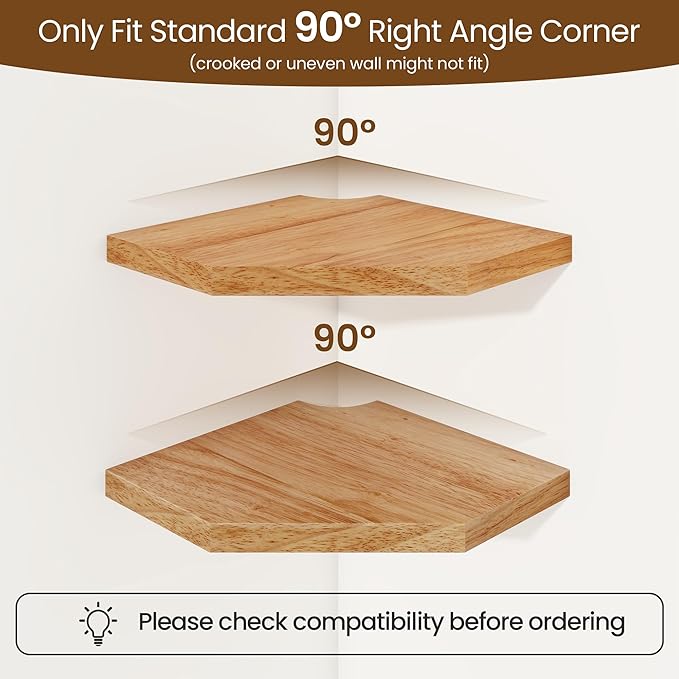 Fun Memories Corner Shelf Wall Mount Set of 2 - Solid Oak Wood Floating Corner Shelf with Cable Hole, 7in Rustic Design for Bedroom, Living Room, Kitchen (Natural)-NeatNest