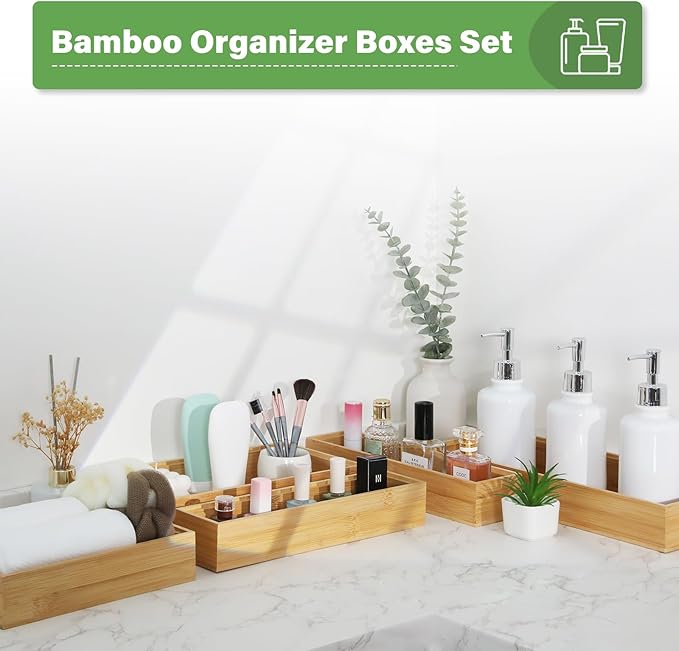 Bamboo Drawer Organizer, 2PCS Stackable Storage Boxes for Utensil Organizer, Wood Tray for kitchen, Bathroom and Bedroom 9" x 6" x 2"-NeatNest