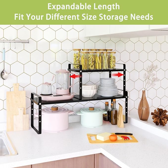 Expandable Cabinet Shelf Organizer Rack, Stackable Kitchen Counter Storage Shelves Stand, Adjustable Height Pantry Shelf Spice Rack (Black, 1 Pack)-NeatNest
