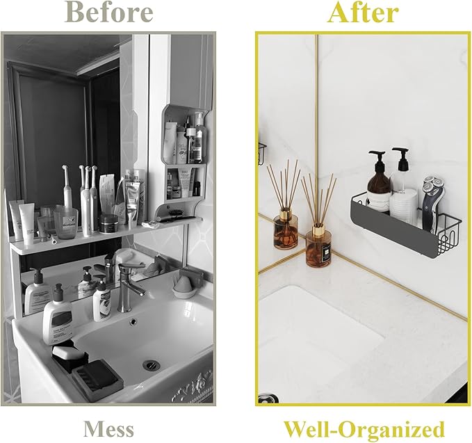Epock Adhesive Shower Caddy Shelf Rack, 2 Pack No Drilling bathroom organizers for storage with 4 hooks, Black