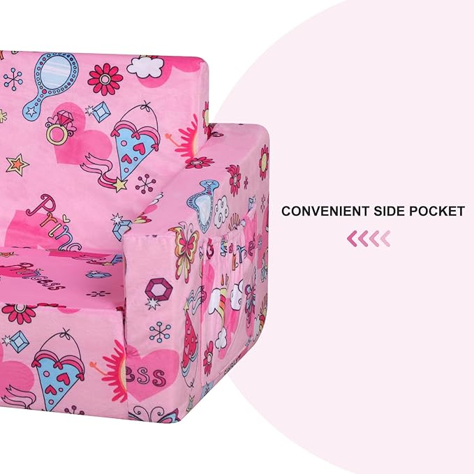 Foam Kid Sofa Couch, 2 in 1 Convertible Sofa to Bed for Baby,Velvet Toddler Sofa Chair with Side Pocket for Kid Playing (W29.92) (Pink)-NeatNest