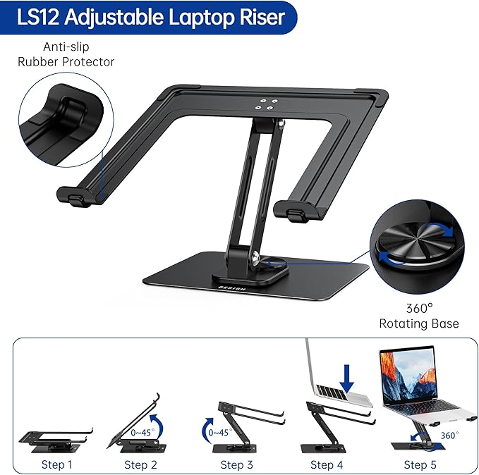 BESIGN LS12 Laptop Stand with 360° Rotating Base, Ergonomic Adjustable Notebook Holder, Riser Holder Computer Stand Compatible with Air, Pro, Dell, HP, Lenovo More 10-14" Laptops (Black)-NeatNest
