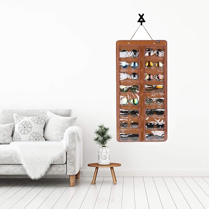 AROUY Sunglasses Organizer - Hanging Wall Pocket with 16 Felt Slots, Metal Hook and Sturdy Rope (Brown, Dust Proof)-NeatNest