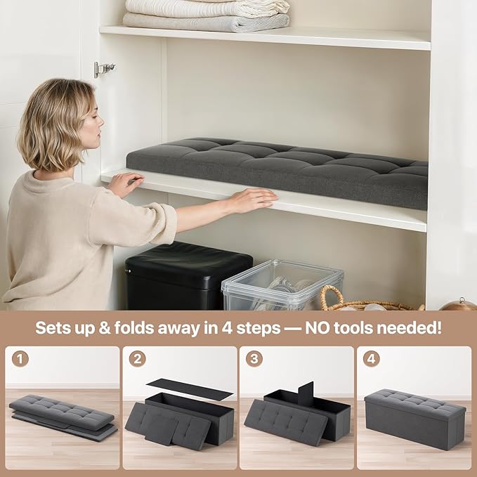 Ottoman Folding Storage Bench, 43x15x15 Inch, Foot Rest Stool for Living Room, Bedroom, Entryway, End of Bed - Multi-Functional Ottoman with Storage Dark Gray