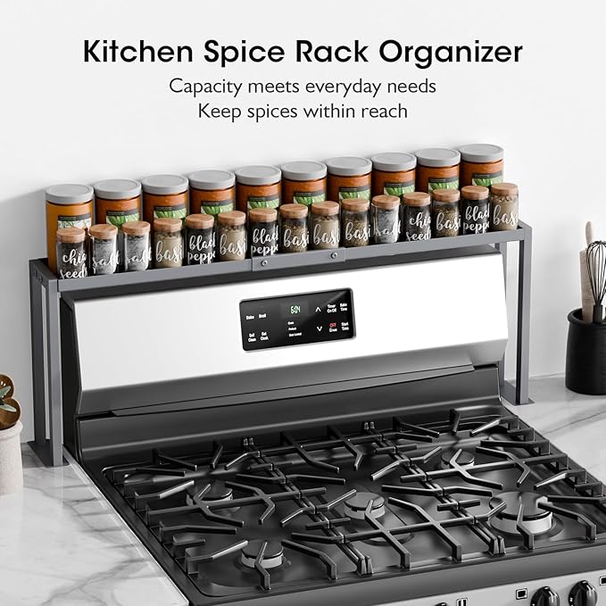 Bumusty Spice Rack Shelf for Kitchen Stove, 32" Stove Top Shelf, Adjustable Oven Spice Rack, Seasoning Organizer Kitchen Shelves, Grey-NeatNest