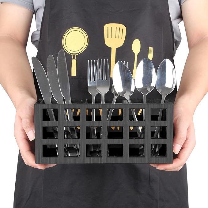 Farmhouse Wooden Silverware Utensil Caddy Cutlery Holder Utensil Holder Organizer for Kitchen Countertop Party Table Fork and Spoon Holders Storage Wood Silverware Basket Picnic Flatware Caddy-NeatNest