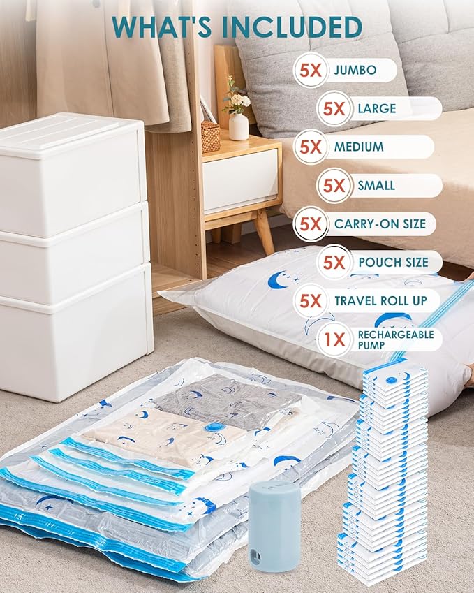Travel Compression Bags, 35 Pack Vacuum Storage Bags with 1500mAh Rechargeable Battery, Vacuum Seal Bag for Space Saving Clothes, Blanket, Duvets, Pillows, Comforters, Travel Essentials, Luggage-NeatNest