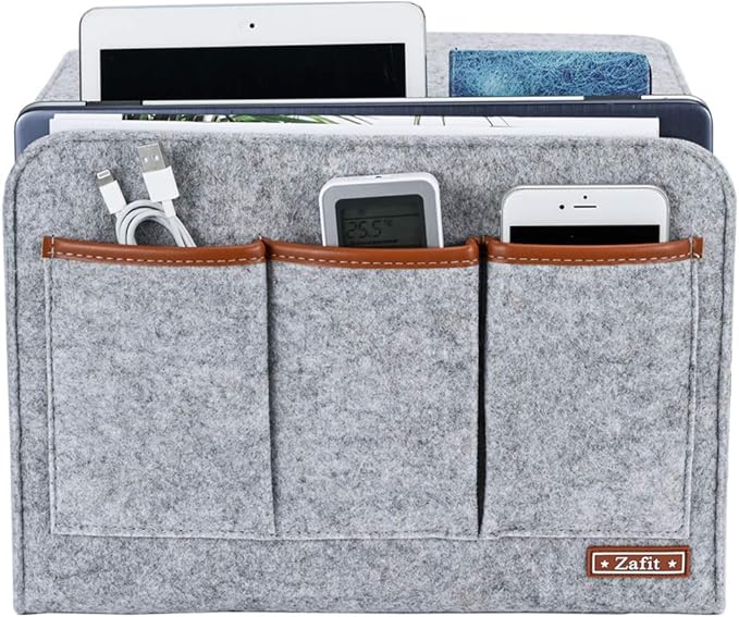 Bedside Caddy, 6 Pockets Large Size Bedside Storage Organizer Bedside Organizer Caddy for Magazine Remotes Phone (13.4'' x 18.1'', Light Grey)-NeatNest