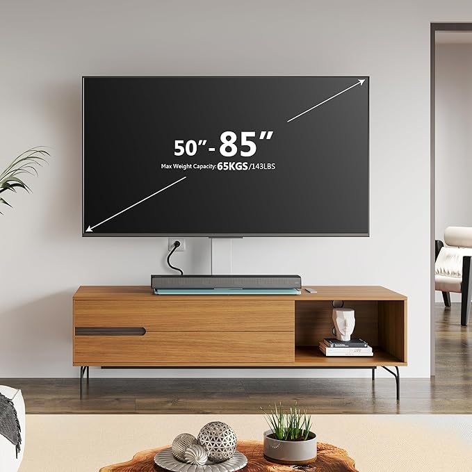 FITUEYES Universal TV Stand with Power Outlets for 50-85 inch TVs, Swivel&Height Adjustable Tall TV Stand for Bedroom Living Room, 27.5''Large Tempered Glass Base Holds up to 143 lbs, Ivory White