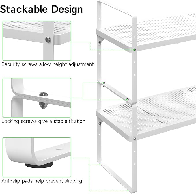 Expandable Cabinet Storage Shelf Stackable Organizer Rack for Kitchen Bathroom Pantry Spice Cupboard Coffee Countertop Home Office Desk Heavy Duty Nonslip White Small 2 Packs-NeatNest