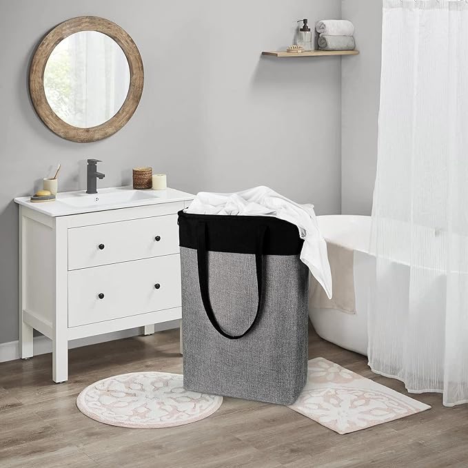 Collapsible Laundry Baskets Double Laundry Hampers Large Foldable Laundry Basket Organizer with Straps Black Gray Cloth Laundry Hamper Patchcwork Laundry Sorter Dirty Clothes Basket, QY-SC23-2-NeatNest
