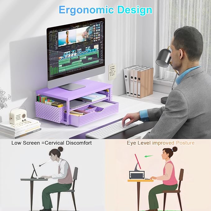 gianotter Wood Monitor Stand Riser, Desk Organizer with Drawer and 2 Pen Holders, 2-Tier Workspace Organizer for Office Supplies (Purple Wood)-NeatNest
