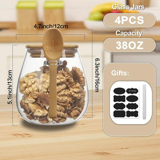 Clear glass storage containers, 38oz food storage jars, Set of 4, wide mouth, with spoons, for food storage, candy, coffee, biscuits, rice, sugar, tea, cereals, dried fruits, etc (Large 4PCS)-NeatNest