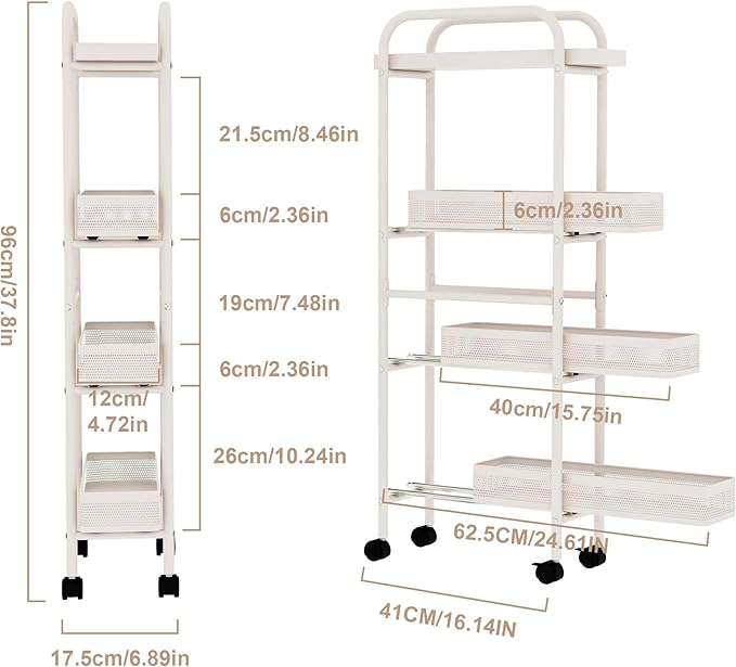 UMDONX Slim Storage Cart 4 Tier with Pull Out Basket Bathroom Organizer Rolling cart, Rolling Utility Cart Slide Out Organizer for Kitchen, Bathroom, Laundry White