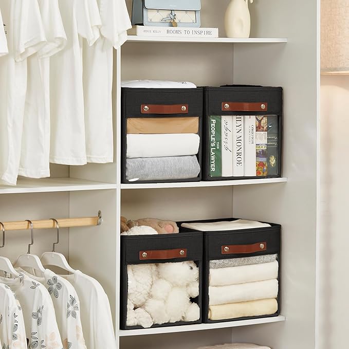 Storage Cube Organizer with Clear Window, Linen Collapsible Storage Boxes with PU Handles, Cube Storage Bins for Shelf, Closet, Cabinet, Bookcase (10.5x10.5x11, Black)-NeatNest