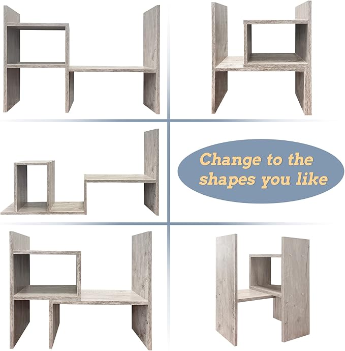 Desktop Bookshelf Organizer Adjustable Wood Desk Storage Shelf Counter Office Storage Rack Top Bookcase Display Books Elegant Light Grey Oak Desktop Bookshelf for Writing Desk Table-NeatNest