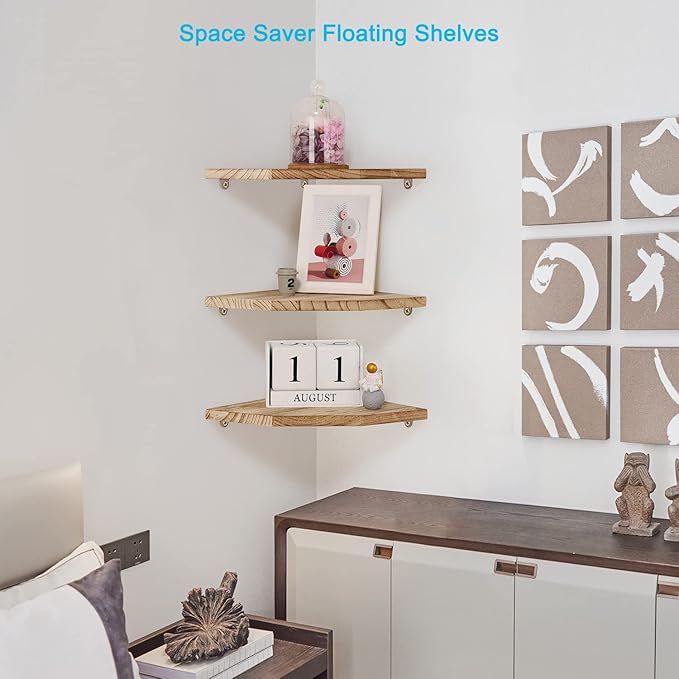Corner Wall Shelves, Wood Corner Floating Shelves with Cable Raceway, Wall Mount Storage Display for TV Accessories, Monitor, Speaker, Cable Box, Game Console (Carbonized, Diamond- 10 Inch)-NeatNest