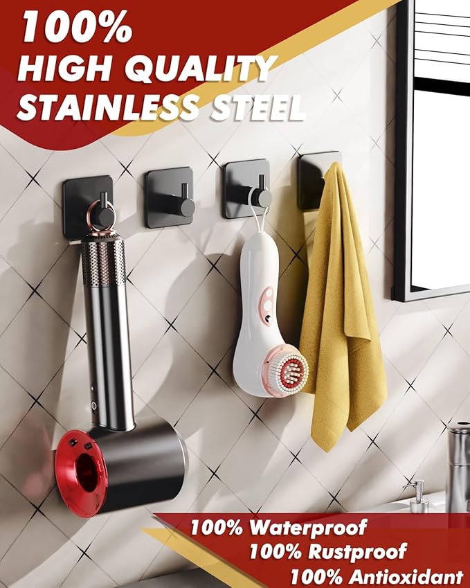 Adhesive Hooks Heavy Duty 30lb(Max) Wall Hooks, 5 Pack Self Adhesive Damage Free Towel Rack, Stainless Steel for Coat Robe, Waterproof Oilproof Rustproof for Bathroom Shower Kitchen Office