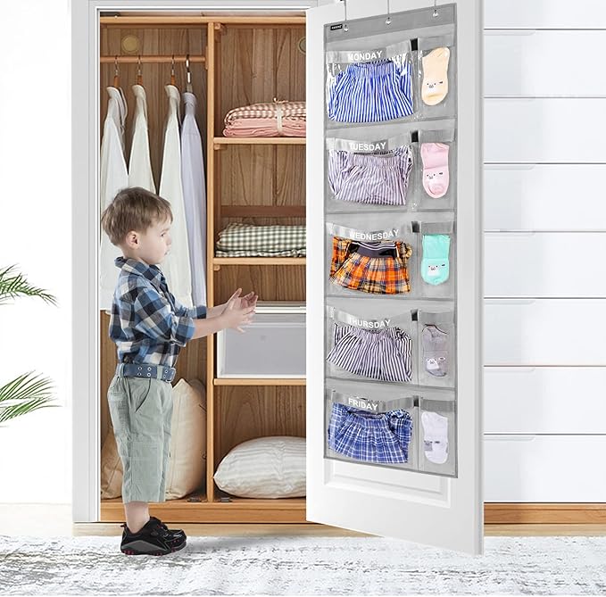 Weekly Kids Clothes Organizer Day of Week School Clothing Storage Monday to Friday Hanging Closet Organizer (Grey)-NeatNest