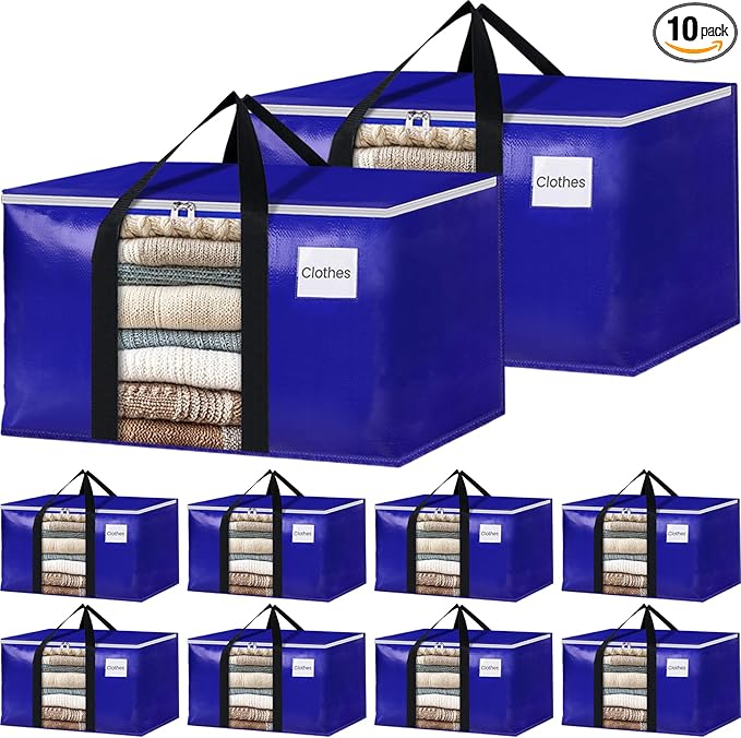 BlissTotes 10 Pack Moving Bags with Clear Window, Storage Bags with Strong Carrying Handles & Zippers,Large Packing Bags for Saving Space, Alternative to Moving Boxes(Blue,33 Gallon)-NeatNest