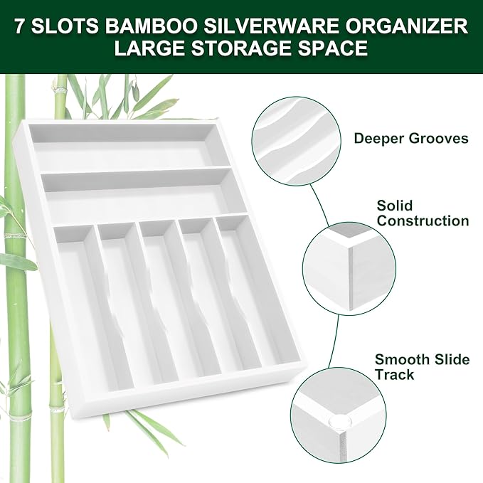 Bellsal White Utensil Organizer 12.5 Inch Silverware Tray for Drawer Utensil Holder Cutlery Organizer Kitchen Drawer Organizer 7 Compartment Small Narrow Bamboo-NeatNest