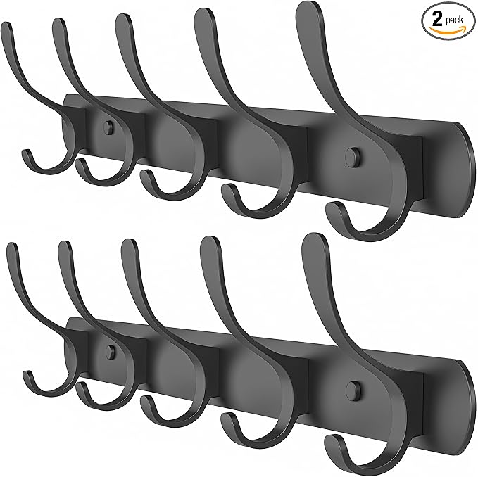 Black Coat Rack Wall Mounted - 16 Inch Heavy Duty Stainless Steel Matte Finish Wall Hook Rack - 5 Double Coat Hooks for Hanging Towels, Bags, Hat - Bathroom Entryway - 2 Pack-NeatNest