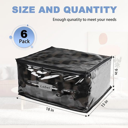 Clear Zippered Storage Bags Plastic Sweater Storage Bags with Zipper 6 Packs Clothing Organizer for Blankets Linen Sweater Bed Sheet Quilt Clothes Pillow (18 x 15 x 9 Inch, Black)-NeatNest