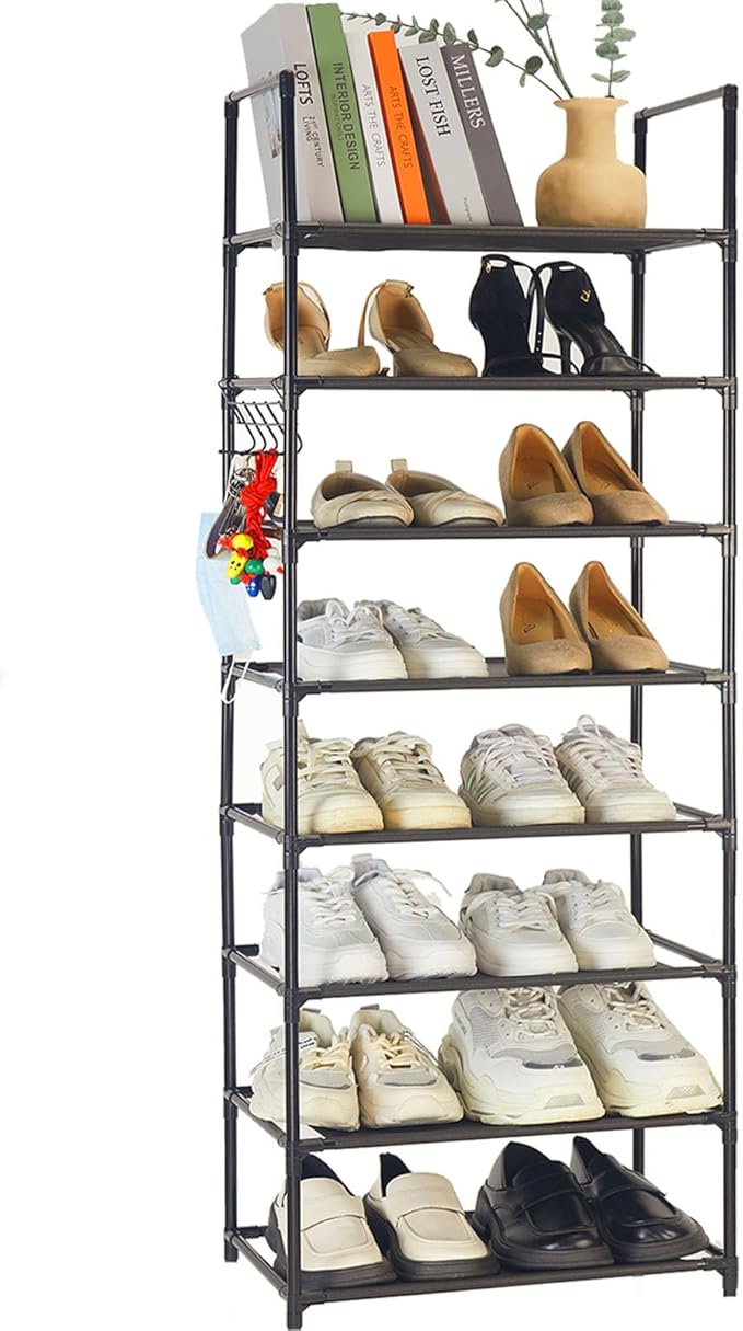 8 Tiers Shoe Rack 16-20 Pairs Shoe & Boots Sturdy Organizer Storage, Narrow Shoe Shelf for Entryway (Black, 8 Tiers)-NeatNest