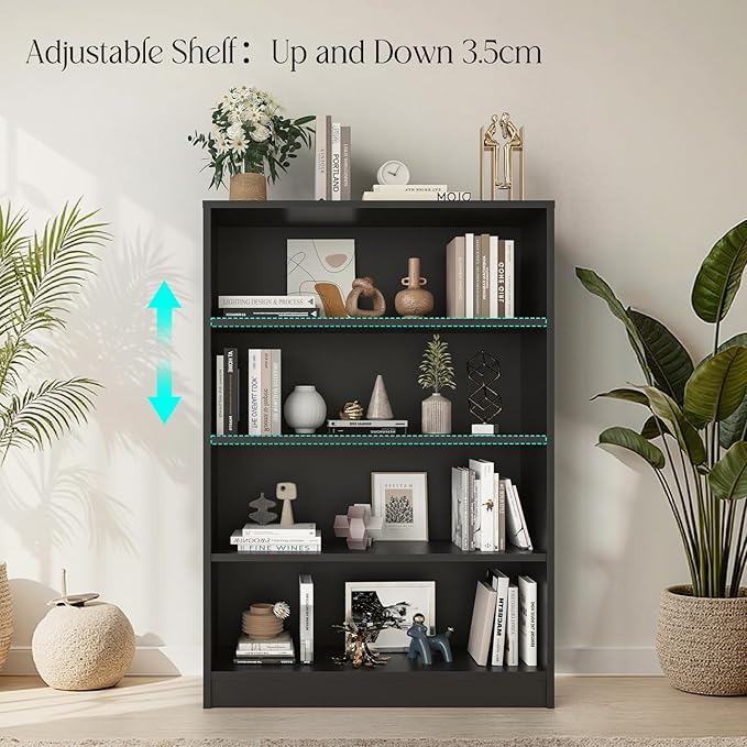 Farini 48 Inch Tall 4-Shelf Bookcase, Wood Bookshelf Storage Organizer Adjustable Shelf for Home Office, Study Room, Easy Assembly,Black