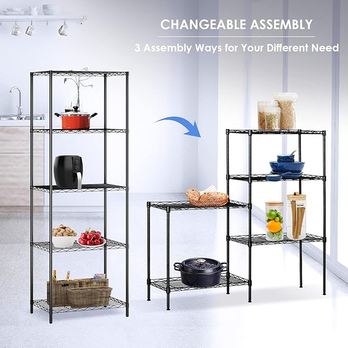 5 Tier Wire Shelving Unit, Adjustable Wire Rack Shelving, Changeable Metal Wire Storage Shelves for Kitchen, Laundry, Bathroom, Balcony, Pantry (11.4" D x 21.3" W x 59" H, Black)