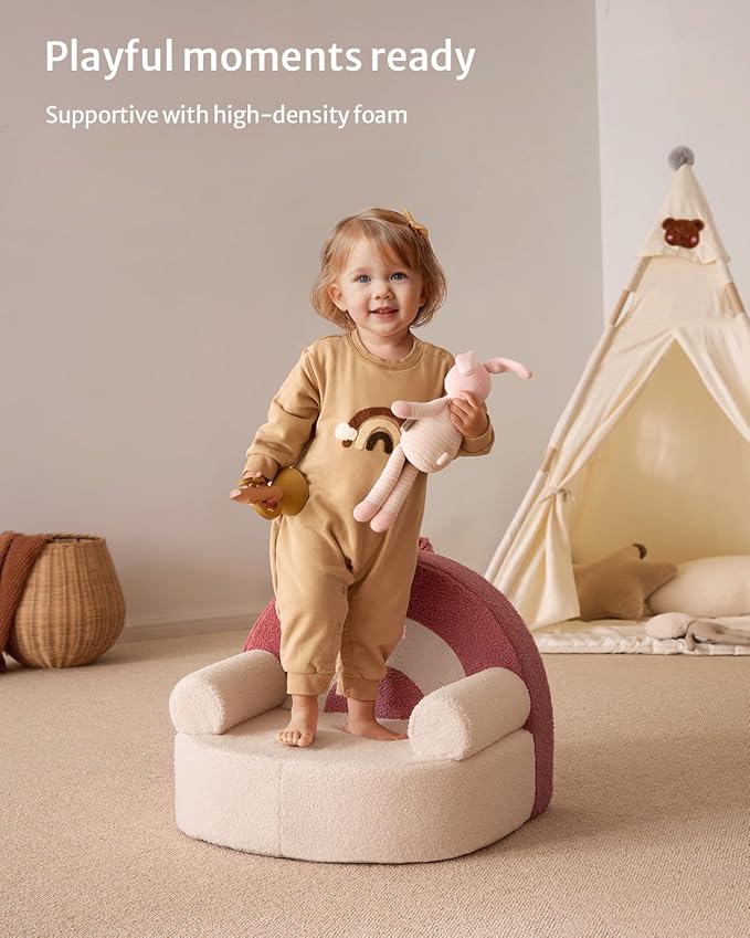 Blissful Diary Toddler Chair Comfy, Foam Kids Chair with Soft Teddy Plush, Toddler Reading Armchair with Cute Arclet Designs- Light Cream-NeatNest