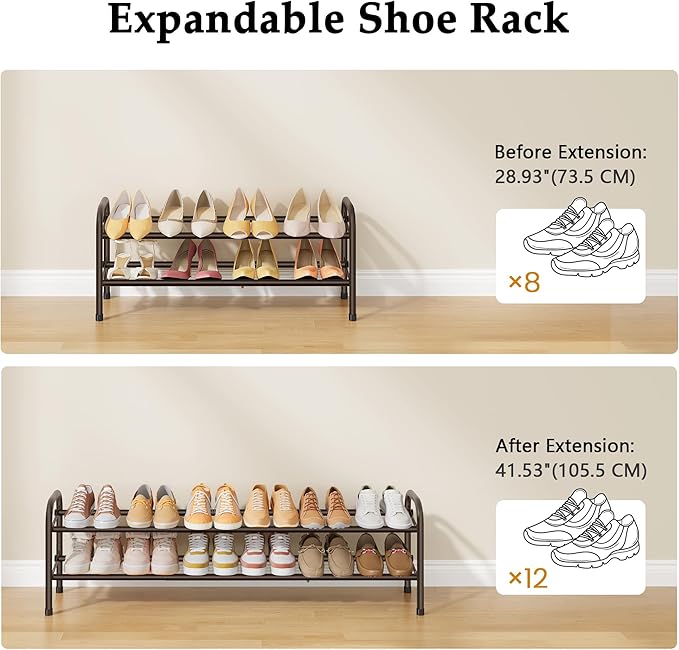2 Tier Shoe Organizer, Shoe Rack for Closet, 28“ Metal Shelf Can Expandable to 42“, for Bedroom, Entryway, Closet, Garage, Adjustable to 12 Pairs Shoes, Rustic Brown-NeatNest